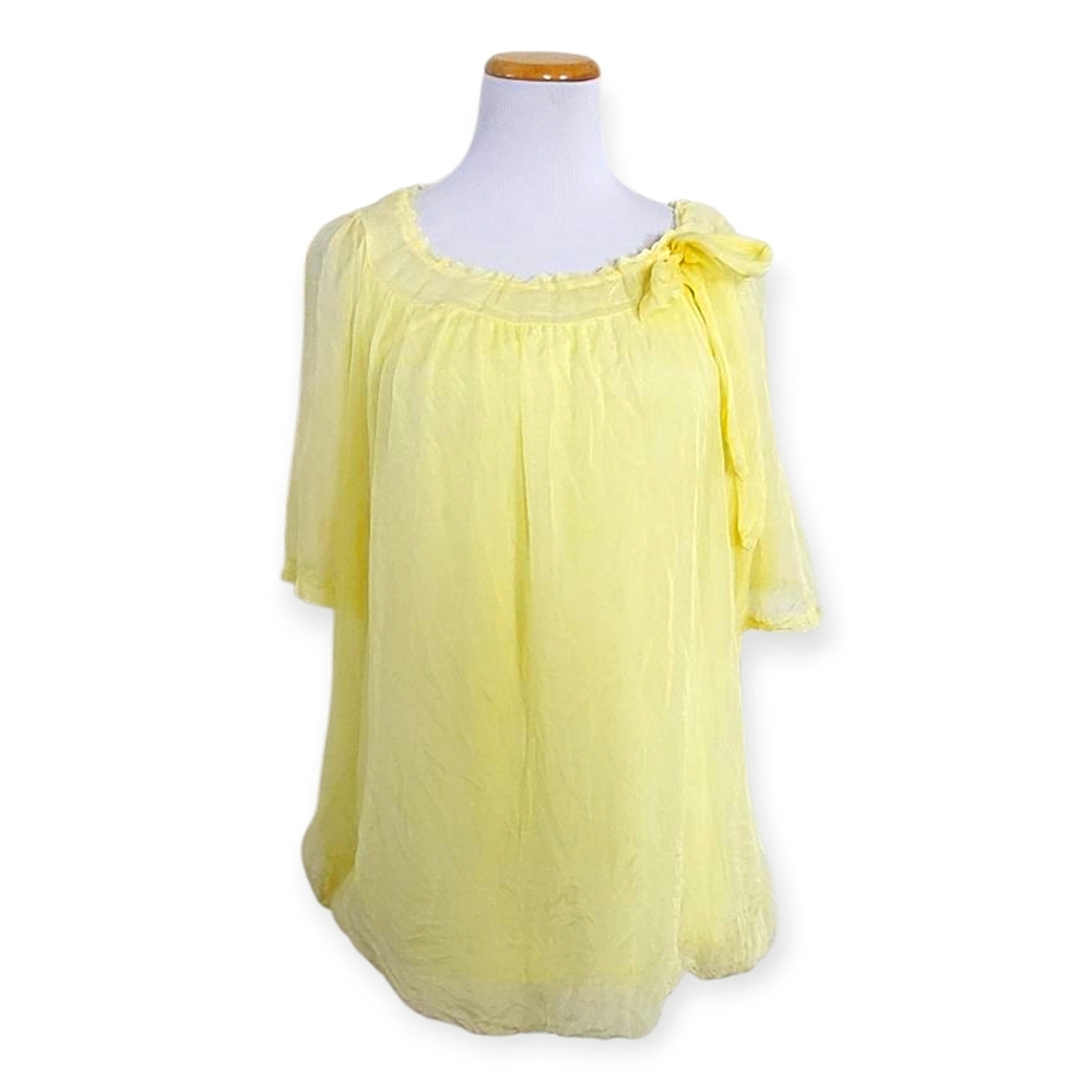 GIUSY Yellow Silk Short Sleeve Romantic Blouse Made In Italy
